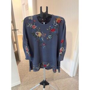 Johnny Was Blue Gray 3/4 Sleeve Floral Embroidered Hi-Lo Sweatshirt Tunic Medium